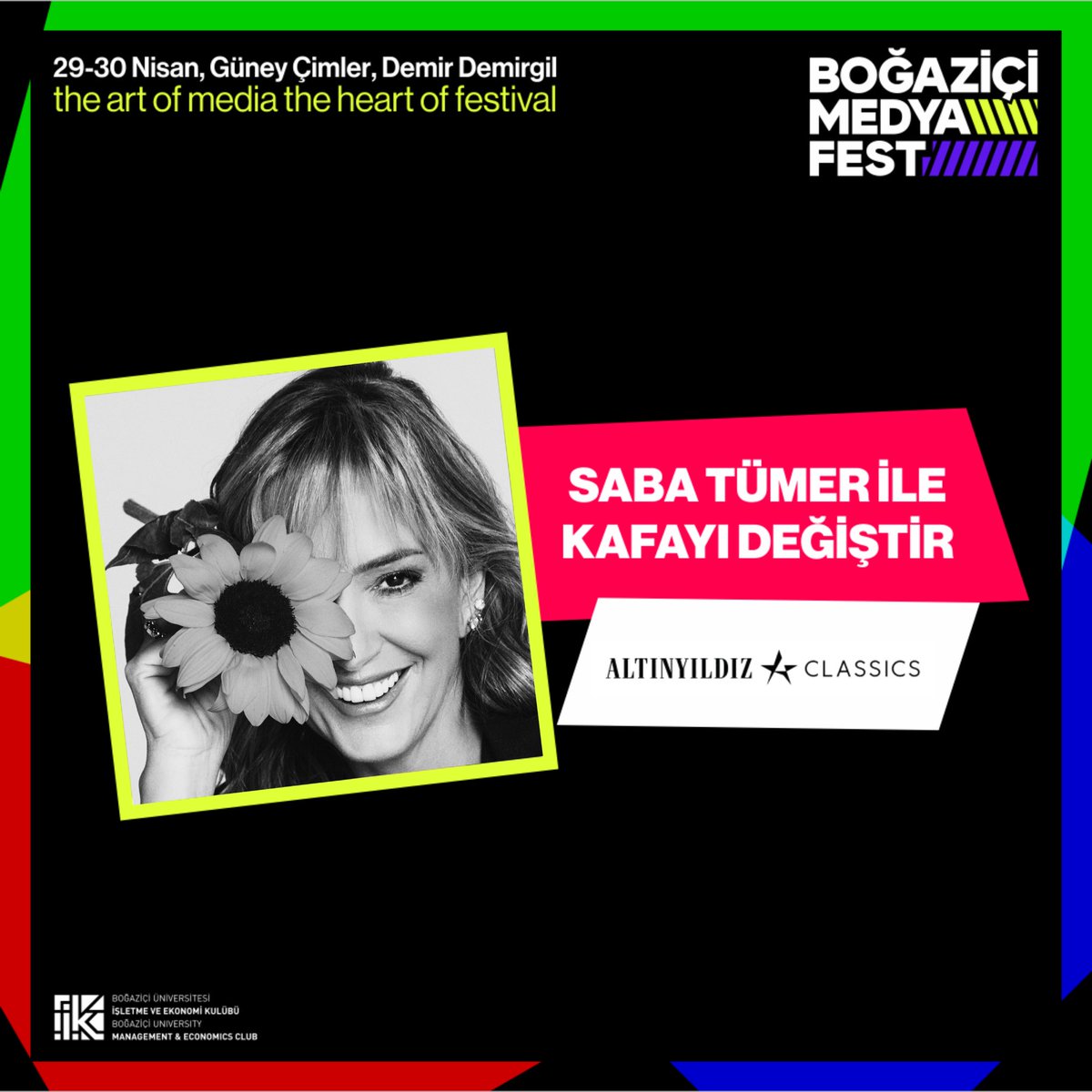 Boğaziçi MedyaFest’te Saba Tümer de bizlerle birlikte olacak! Altınyıldız Classics sponsorluğunda Saba Tümer ile Kafayı Değiştir oturumunu dinlemek isteyenler bilet linkine bio’dan ulaşabilirler.😊