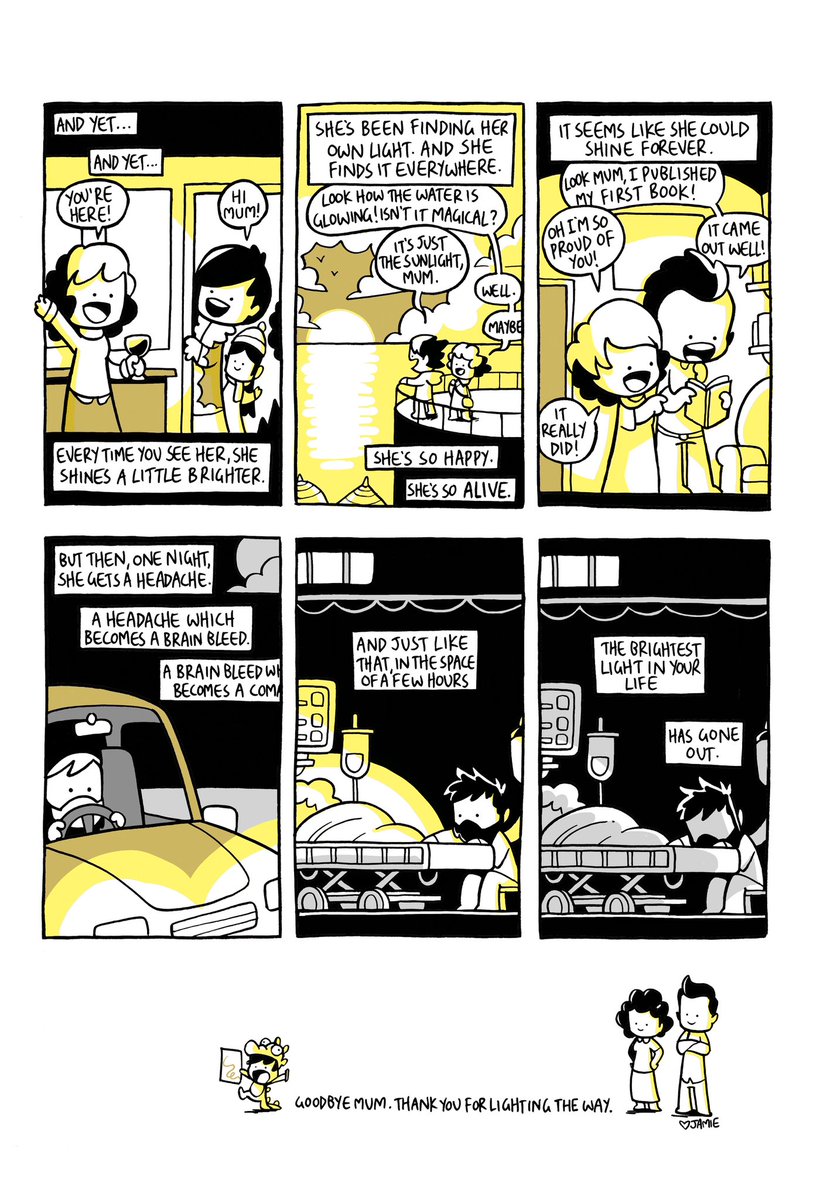 When my dad passed away I drew a comic about my relationship with him. 13 years later and it was my mum’s funeral today, so I wanted to draw something to honour her too.
Goodbye mum, love you very much x

(TW: losing a parent)