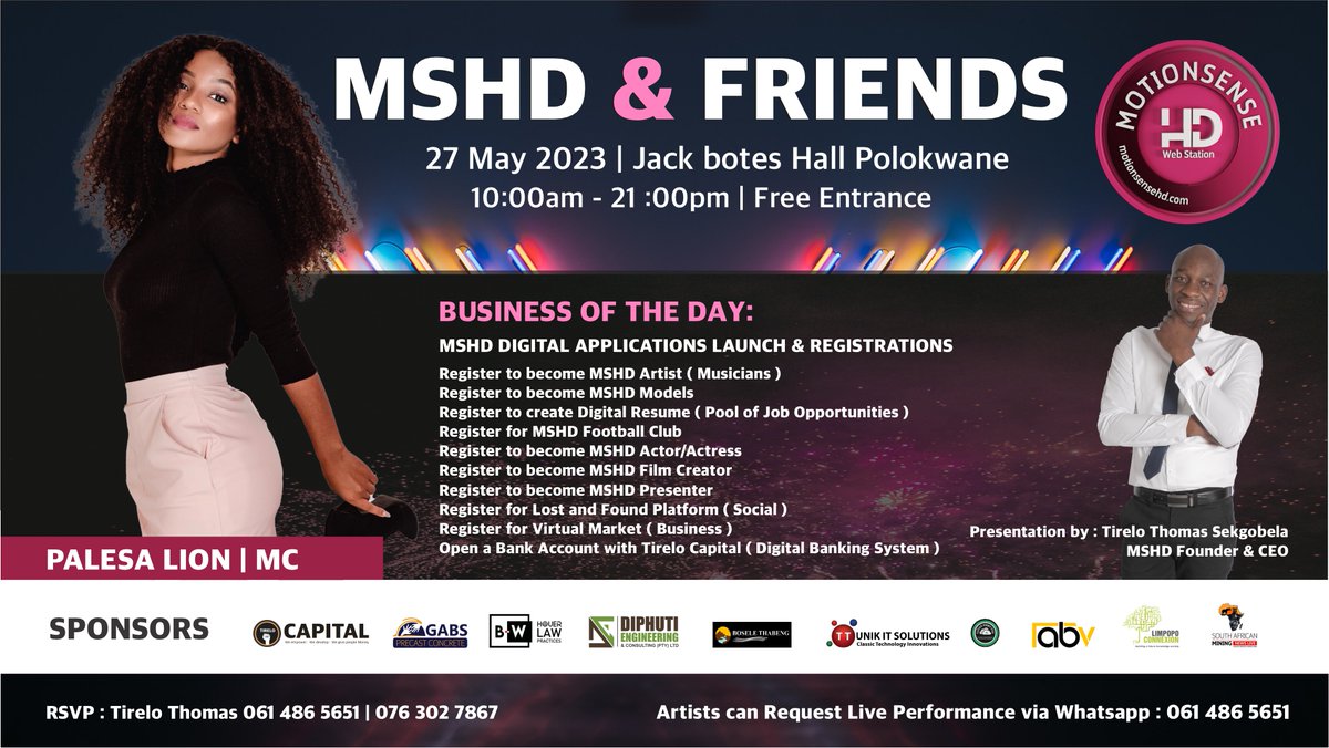 mshdlive's tweet photo. MSHD &amp; FRIENDS , Jackbotes Hall Polokwane , 27 May 2023. Join us when we unleash MSHD digital Applications and a Digital Banking System https://t.co/oUFEajmVZg