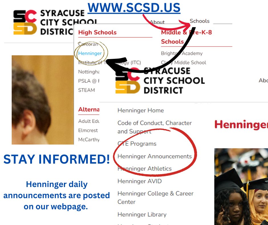 Henninger High School (@henningerscsd) on Twitter photo STAY INFORMED! Henninger daily announcements, upcoming events and important updates are now posted on Henninger's webpage.
syracusecityschools.com/districtpage.c… STAY INFORMED! Henninger daily announcements, upcoming events and important updates are now posted on Henninger's webpage.
syracusecityschools.com/districtpage.c…