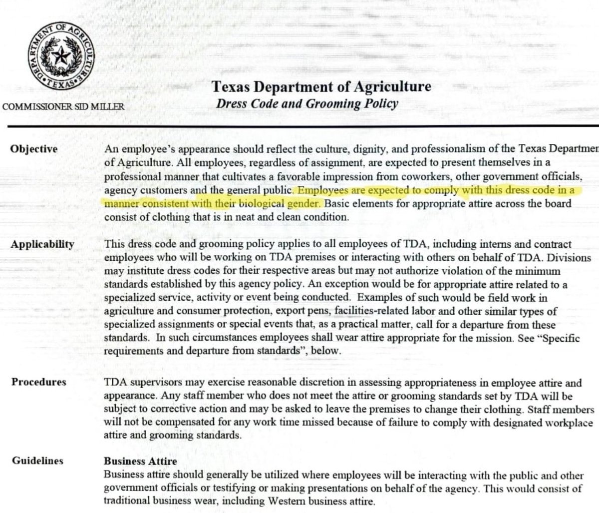 In a clearly unconstitutional move, the Texas Department of Agriculture has sent out a directive that 'all employees must dress in a matter consistent with their biological gender.' They are trying to bring back 3 articles of clothing laws and trying to overturn Bostock.