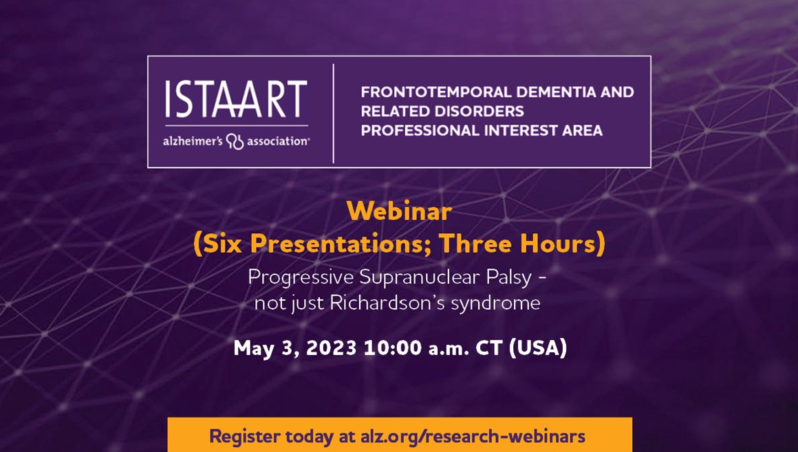 Looking forward to next week's @FTDPIA webinar 'Progressive Supranuclear Palsy - not just Richardson’s syndrome', organised in collaboration with @CurePSP & @RCFNeuro! Join us, Profs Rowe (@CambridgeFTD), Whitwell (from @NRGMayo), Boxer (from @UCSFmac) and 6 brilliant speakers!