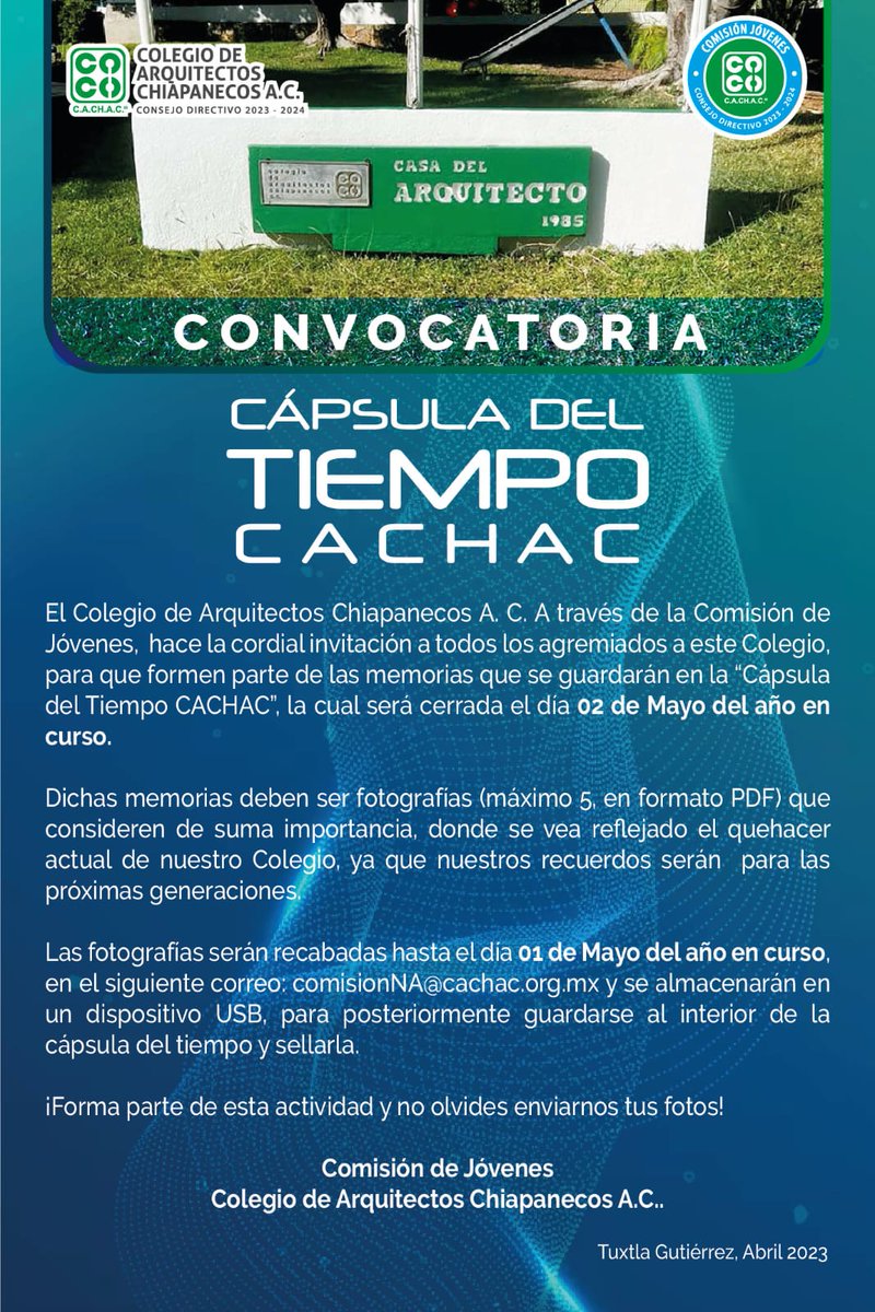 SoyCACHAC's tweet photo. Invitamos a todos los agremiados a este Colegio, para que que formen parte de las memorias que se guardarán en la 𝐂𝐚́𝐩𝐬𝐮𝐥𝐚 𝐝𝐞𝐥 𝐓𝐢𝐞𝐦𝐩𝐨 𝐂𝐀𝐂𝐇𝐀𝐂, la cual será cerrada el día 02 de Mayo.
¡Forma parte de esta actividad y no olvides enviarnos tus fotos!
#CACHAC https://t.co/CJ0Hpdo2S2