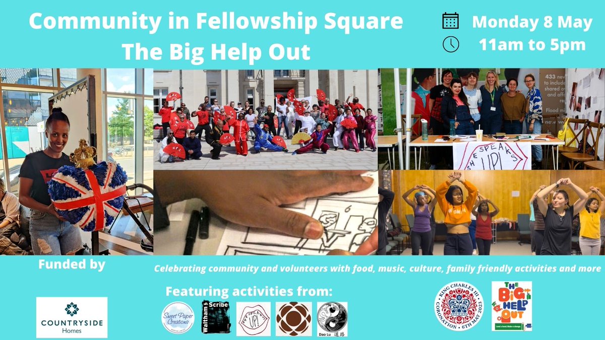 Join us on Monday 8 May for Community in Fellowship Square Day - The Big Help Out 🎉

We're celebrating our volunteers with a community-led day of music, cultural workshops, performances, family friendly activities, food, drinks and more.

Find out more 👉 orlo.uk/V03ht