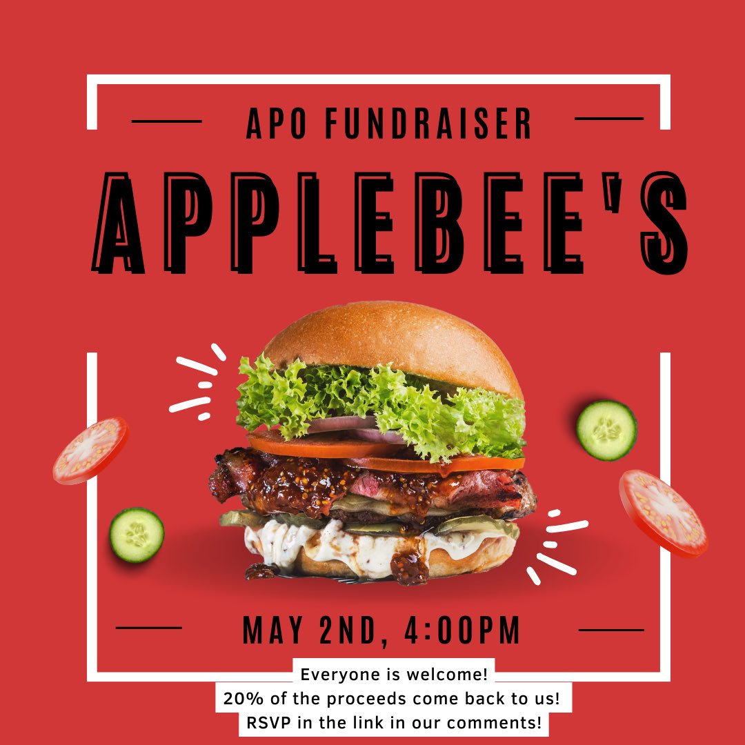 Our next fundraiser is coming up during finals week! Come join us at Applebees to help support Alpha Psi Omega! Let us know you’ll be eating with us at the link in our comments!