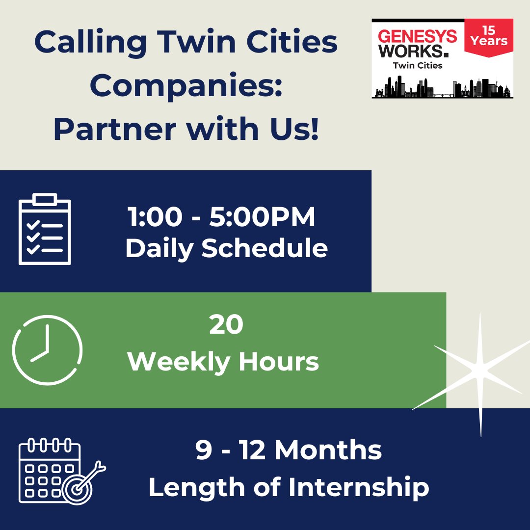 Genesys Works - TC (@genesysworkstc) on Twitter photo Join our esteemed network of 50+ corporate partners devoted to providing pathways to career success for youth by hosting Genesys Works interns! Our interns are eager to learn & grow new skills. To learn more or express interest, please reach out to Development_TC@genesysworks.org Join our esteemed network of 50+ corporate partners devoted to providing pathways to career success for youth by hosting Genesys Works interns! Our interns are eager to learn & grow new skills. To learn more or express interest, please reach out to Development_TC@genesysworks.org