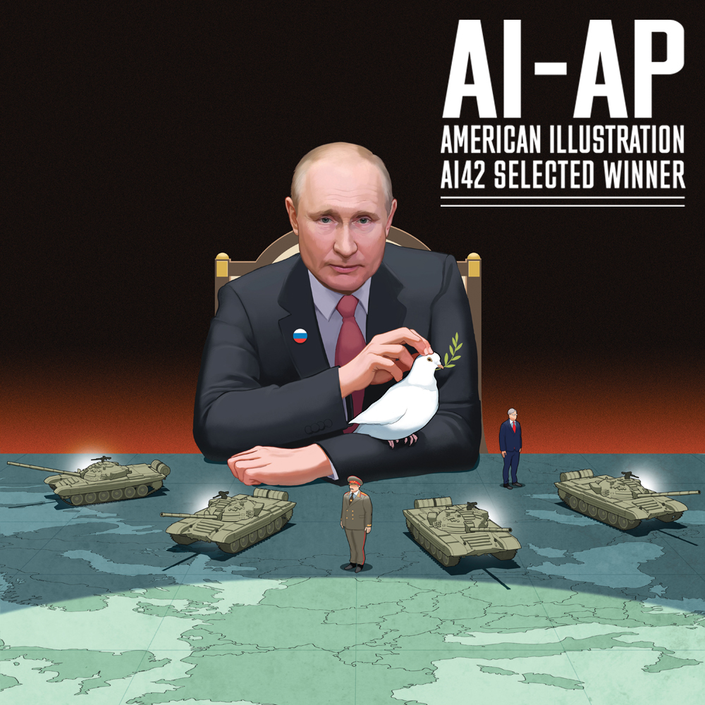 danielgarciaart's tweet photo. AMERICAN ILLUSTRATION 42 SELECTED WINNER 🏆🏆🏆 A huge thanks to the jury, the @AmericanIllust team, and of course to @lexpress Art Director Serge Latil.
.
#putin #russia #ukraine #war
#illustration #editorialillustration #cartoon #americanillustration42 #ai42 #award https://t.co/qr6r3DV65x