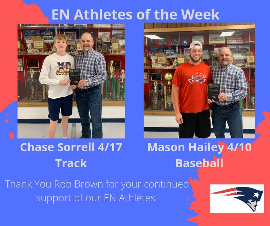 ENHSathletics's tweet photo. Congratulations to our last 2 athletes of the week! Thank you as always to Rob Brown and his continued support of EN athletics. https://t.co/Uc8qpdJN8s