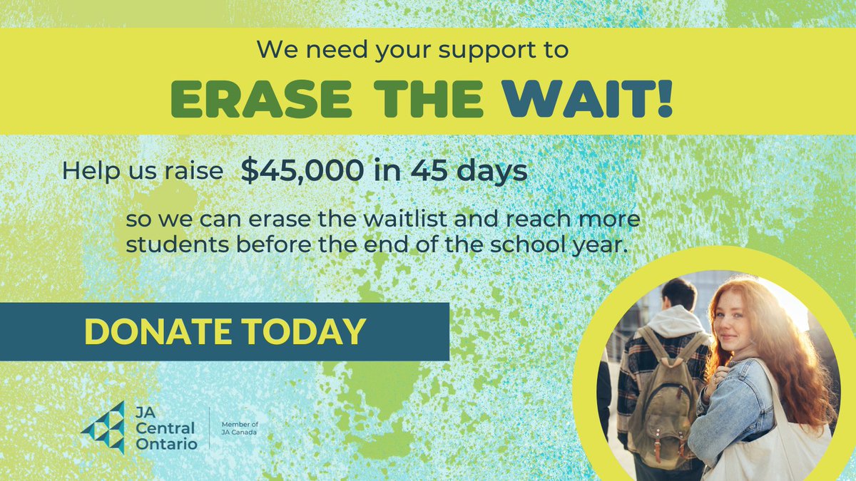 Your support will #EraseTheWaitForJA programs! Right now, there are more than 50 classes on the waitlist for our signature learning experiences. Help us raise $45,000 in 45 days so we can reach more students before the end of the school year. Donate today bit.ly/419XOcA