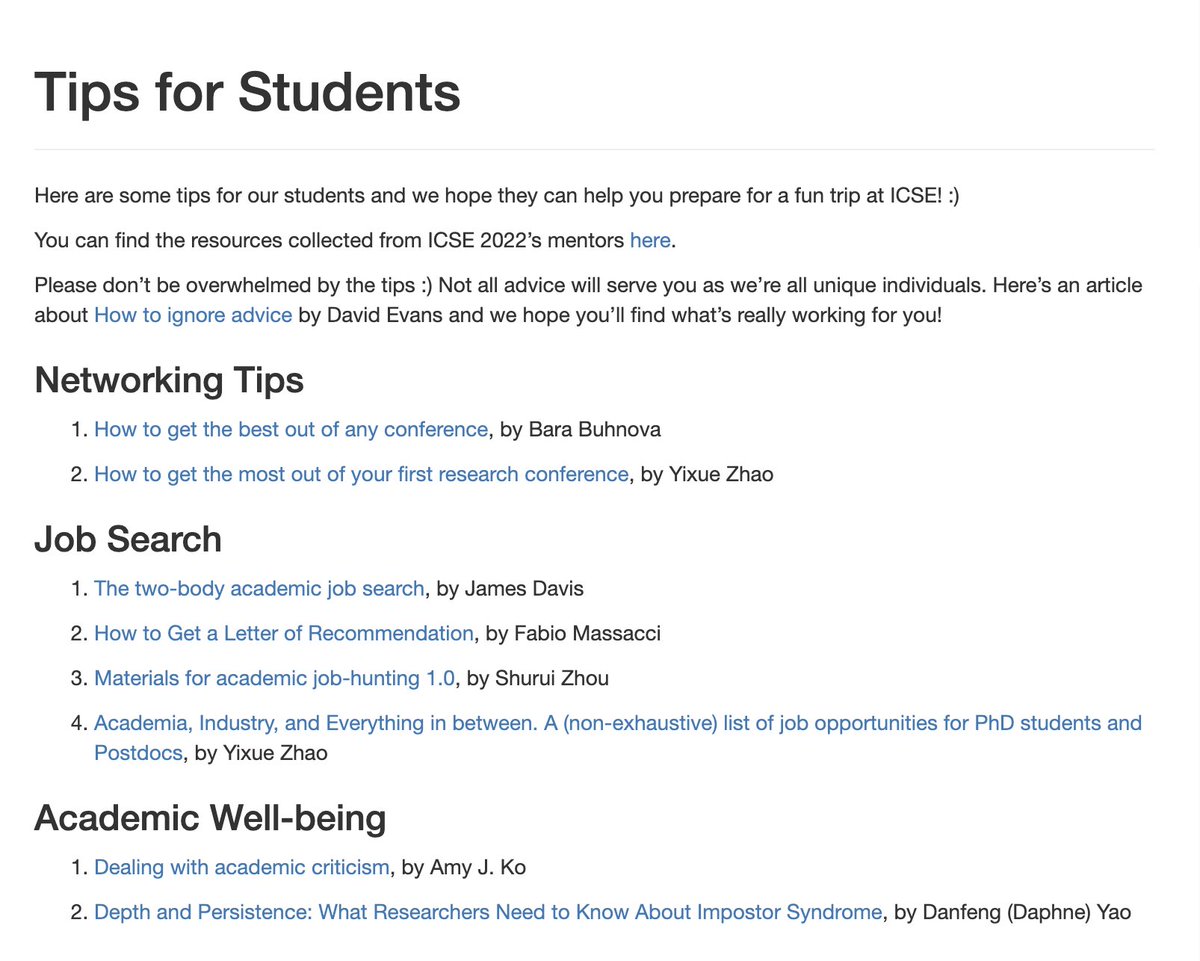 Hello students! We put together some tips from our mentors to help you prepare for <a href="/ICSEconf/">ICSE</a> trip! It's a living document. Ping me if you have something to share as well!🤗
We are SO EXCITED for the mentoring workshop and can't wait to welcome you soon!!🥳
conf.researchr.org/track/icse-202…