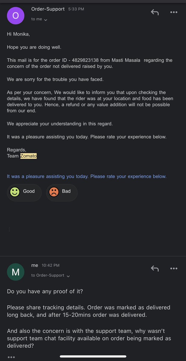 MonikatwKK's tweet photo. Response from zomato support team https://t.co/iUiOQxb6JF