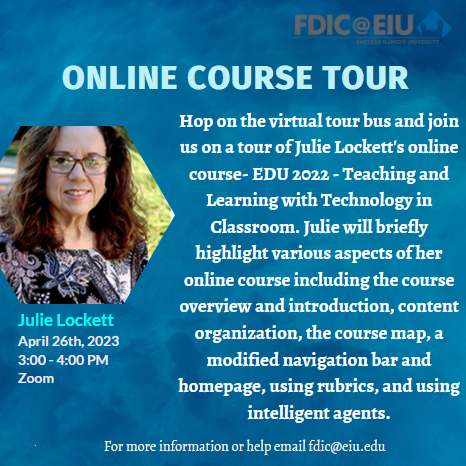 fdic_eiu's tweet photo. Hop on the Virtual Tour bus and join Julie Lockett for an online course tour on April 26th, 2023. 3-4pm, via Zoom.
Click the link and register.
https://t.co/KHlxtYCgkb… #coursetour
@eiu @EIU_CSI https://t.co/mTeI90zlyd