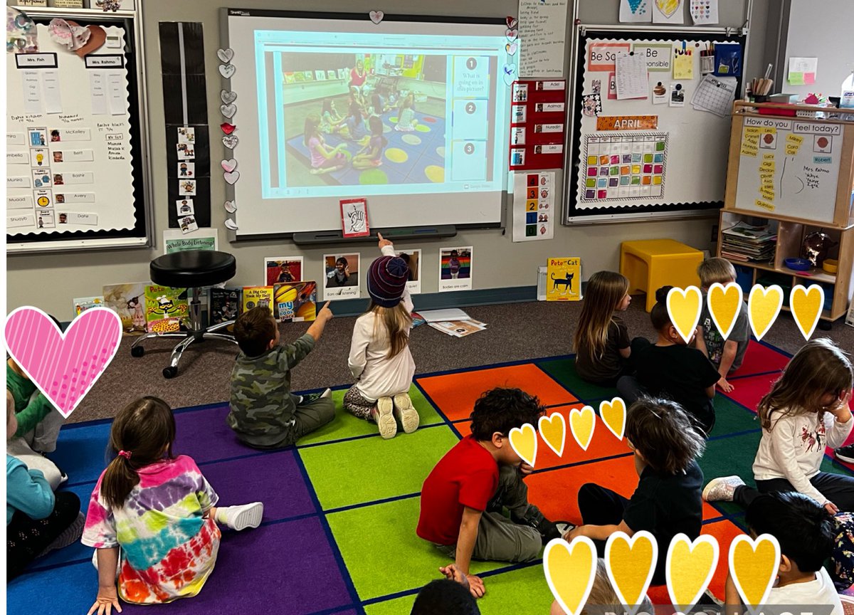PreK students learning about what students do in Inspire Choice time. Here they are working in groups to share what they see in the picture and what more they can find after hearing from the group. #InspiredJourney