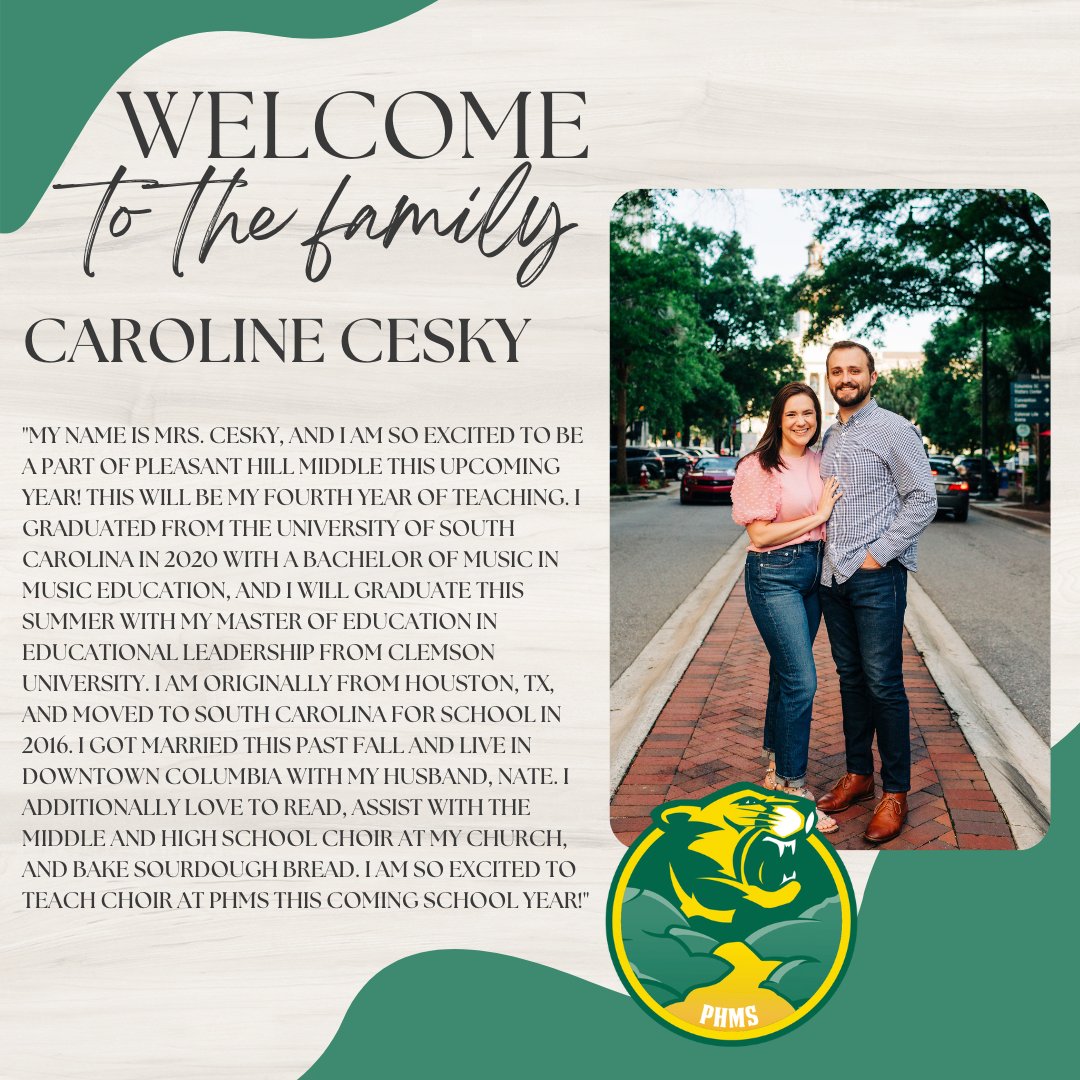 PHMSCougars's tweet photo. We are excited to welcome Caroline Cesky to the Cougar family! 
Mrs. Cesky will be teaching Chorus at PHMS next school year! 💛🎶💚🎉

#PHMSForgingOurPath #GoCougars https://t.co/hEbJRQCNxk