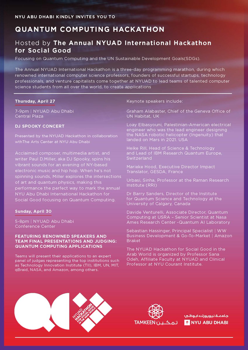 sanaodehny's tweet photo. It's my pleasure to invite you to attend the the
QUANTUM COMPUTING and UN Sustainable Development Goals (SDGs) Hackathon
Hosted by @NYUADHackathon for Social Good in the Arab World  Focusing on Quantum Computing and the UN Sustainable Development Goals. #NYUADHack #NYUAD https://t.co/AMmI880pSY