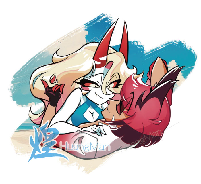 huangman_7's tweet photo. Summer Series - (4/4)
☀️😈💝

(Recently, my wrist feels uncomfortable, and I want to give up 4/4, but I did not expect to finish it 🥴)

#charliemagne #Alastor #HazbinHotel #Charlastor #Radiobelle #HazbinHotelFanart https://t.co/LWtENS8eXv