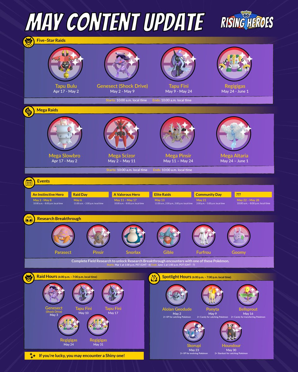 LeekDuck's tweet photo. Here's what's coming up in May during Season 10: Rising Heroes.  

Events will be added to my event page by the end of the day:  

📅 https://t.co/VhdMGLw32A https://t.co/3PmNqqzTwq