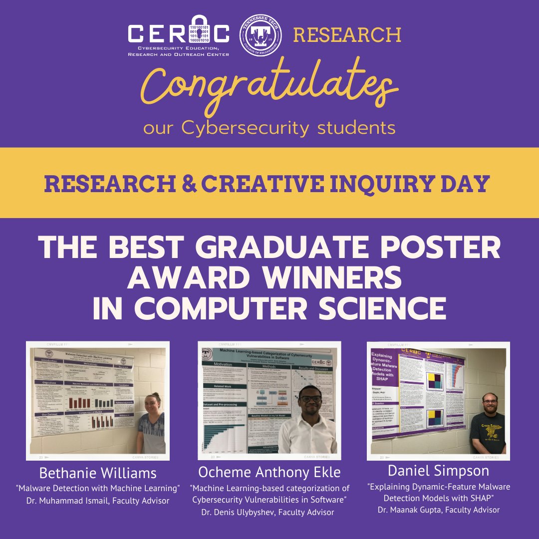 TNTechCEROC's tweet photo. Congratulations to cybersecurity students, Bethanie Williams, Ocheme Anthony Ekle, and Daniel Simpson for receiving The Best Graduate Poster award for Department of Computer Science, in the 2023 Annual Tennessee Tech Creative and Research Day! #tntechceroc #researchday2023 https://t.co/IL6EF771ee
