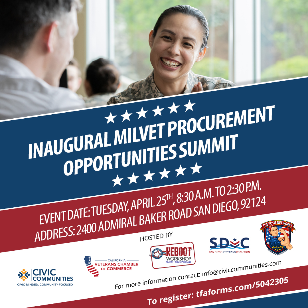 CivicCDFI's tweet photo. There is still time to register for the 2023 Military &amp; Veteran Procurement Opportunities Summit on Tuesday, April 25th. This unique event is designed to expose qualified participants to potential procurement and lending opportunities.

Register at https://t.co/zA4CZW9srW https://t.co/KFVYwiQDH6