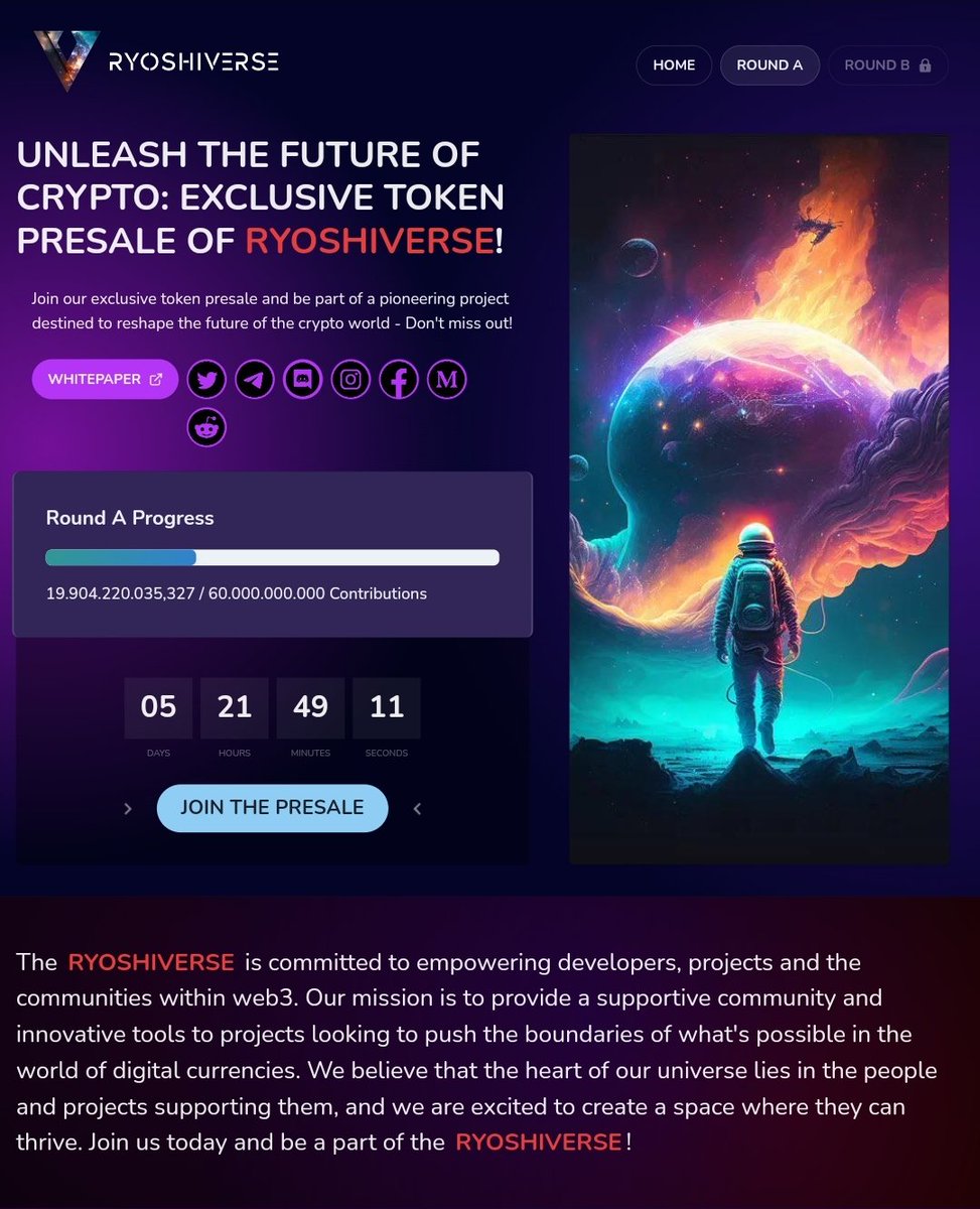 6 days remaining to the presale A ending, go grab your $VIZ bag at Ryoshiverse.io
#SHIBARMY #ryoshisvision #shibaverse #cryptocurrency