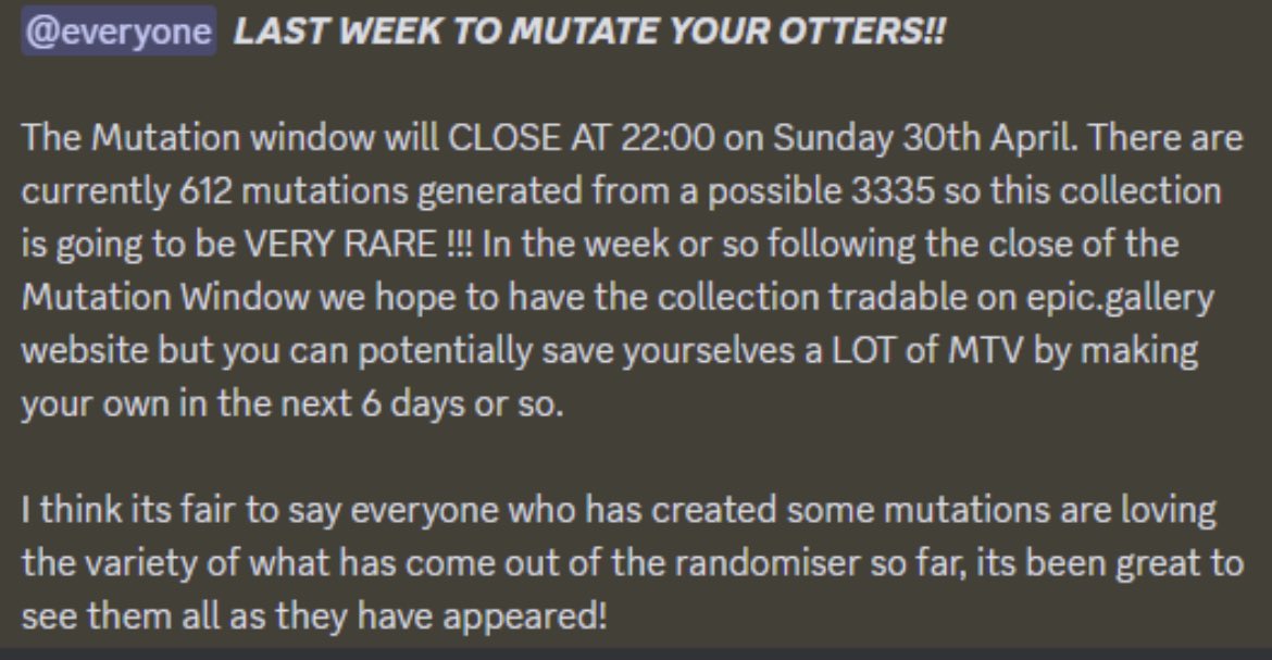 ⏰ TIME IS RUNNING OUT ⏰ 

Mutate your otters before the end of April guys and girls !!!

Still lots out there to be mutated 

DON’T MISS OUT 

#MultiVAC #NFTdrop #NFTCollection #freeNFT