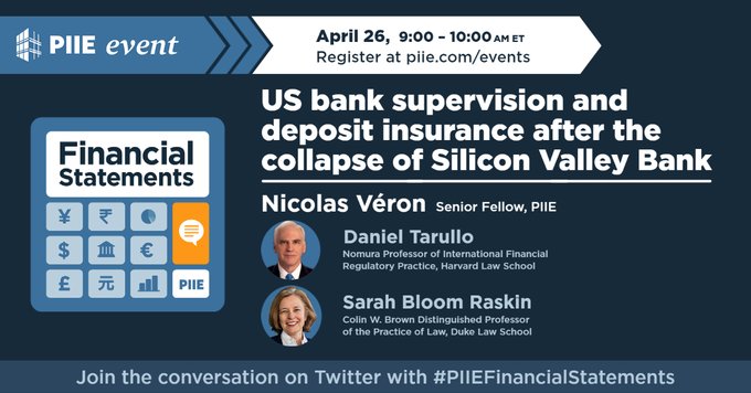 Peterson Institute  @PIIE
Daniel Tarullo & Sarah Bloom Raskin join 
@nicolas_veron
 on #PIIEFinancialStatements to discuss US bank supervision & policy, like if the decision to fully guarantee all of SVB's deposits was justified & its implications.
piie.zoom.us/webinar/regist…