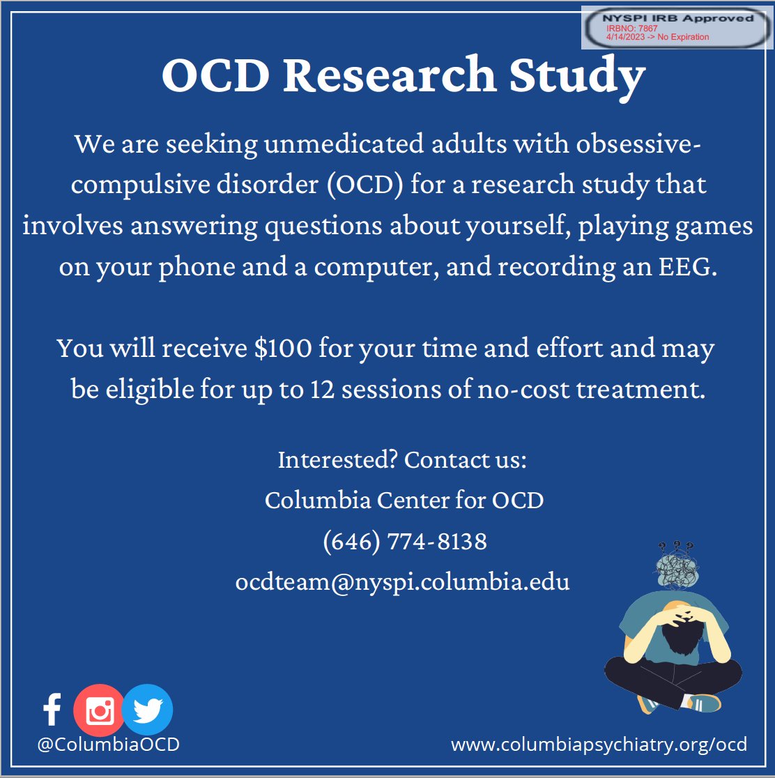 Interested in participating in research? We are recruiting participants with OCD for our EEG study. Visit our research questionnaire to see if you can participate in our study. The link is in our bio!

--
#ocd #ocdawareness #mentalhealth
#columbia #nyspi #ocdart #research