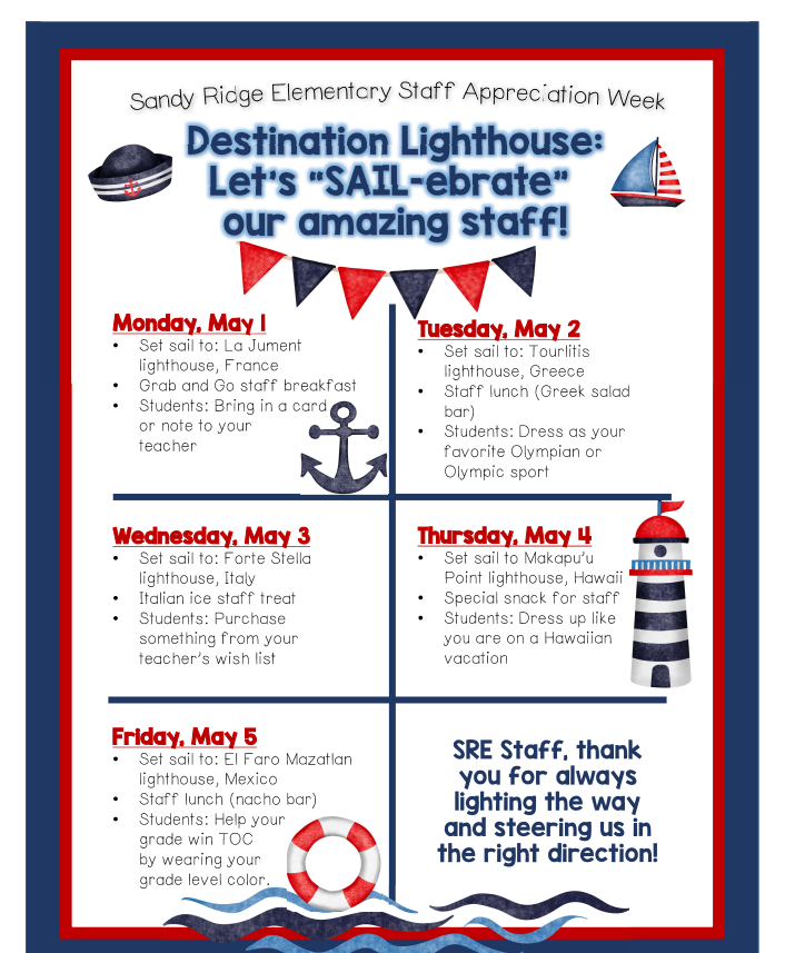 Next week we kick off Staff Appreciation Week, so take a look at what we have in store, plus consider volunteering! #SREPTO @sandyridgences 
SRE Staff Appreciation Lunch Coverage 5/2-
signupgenius.com/.../20f0d4fa9a…...
SRE Staff Appreciation Lunch Coverage 5/5-
signupgenius.com/.../20f0d4fa9a…...