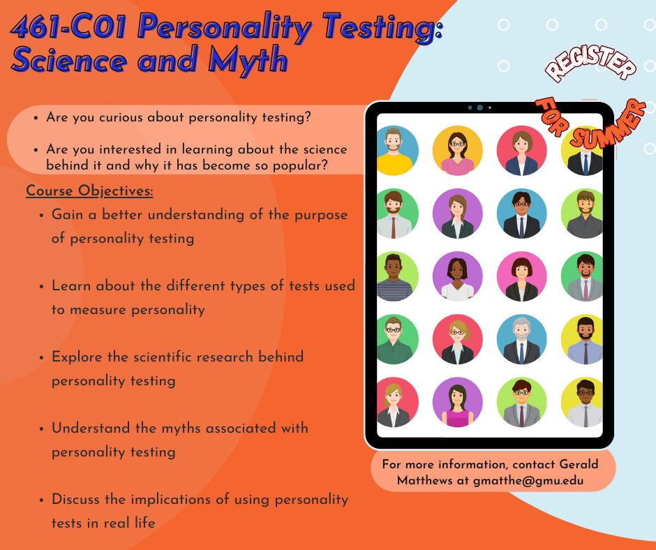 GMUPsychology's tweet image. Are you curious to learn the truth behind personality testing? Join our course on Personality Testing: Science and Myth! Uncover the facts and discover the myths in this comprehensive look at the psychology of personality testing. #PersonalityTesting #Psychology #ScienceandMyth