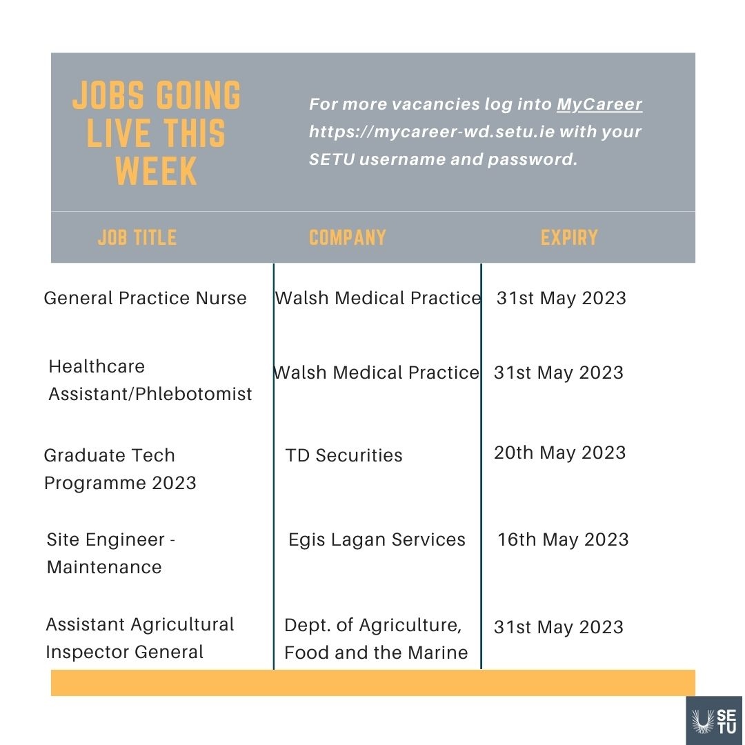 MyCareer - Job opportunities available check them out!⁠ ⁠

View these and other vacancies advertised on MyCareer by logging on at:⁠ mycareer-wd.setu.ie/unauth with your SETU username and password