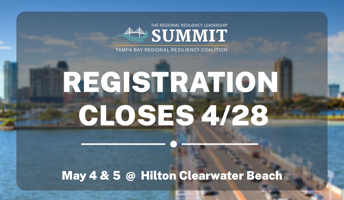 📣 There are still some spots available, don't miss the Tampa Bay Regional Resiliency Leadership Summit on May 4&amp;5 at the Hilton Clearwater Beach Resort &amp; Spa 📣 

To view the final agenda with speakers, visit: tbrpc.org/summit2023/

We hope to see you there! #resilienttampabay