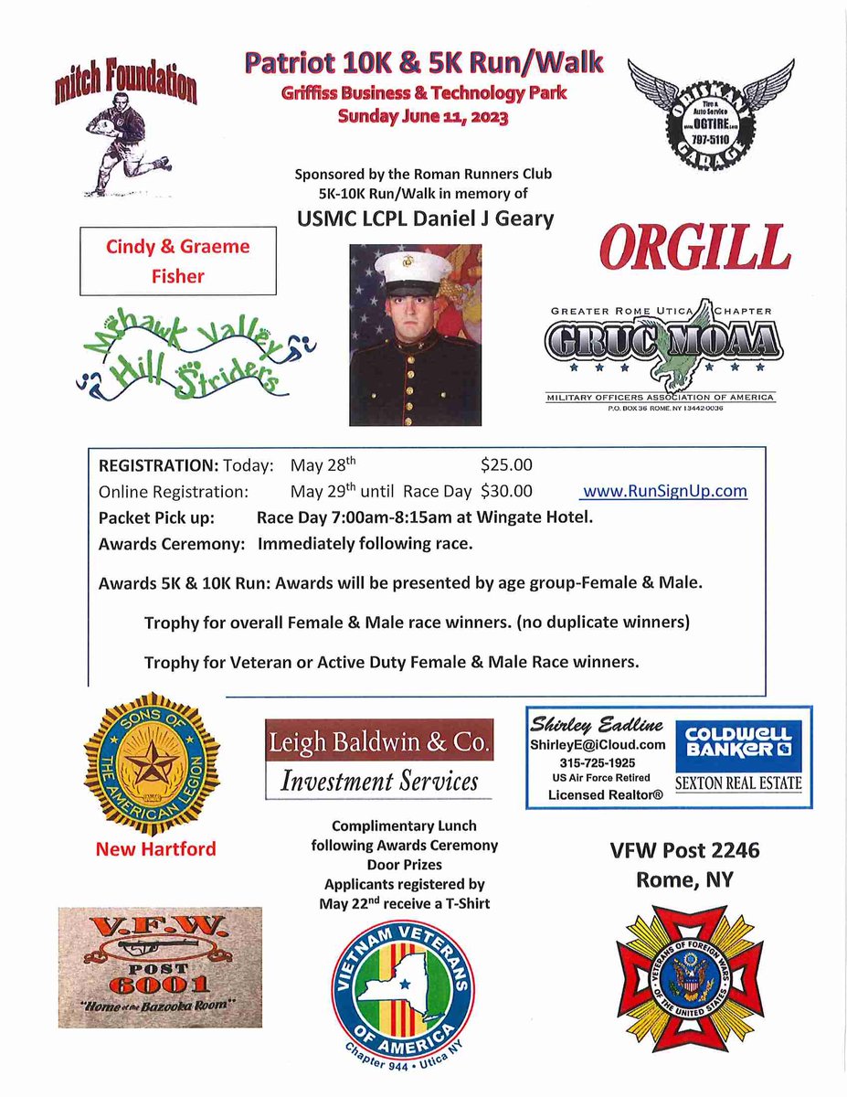 Patriot 10K &amp; 5K Run/Walk on June 11th. Registration now through 5/28.
Shirley Eadline, Veteran and Licensed RE Agent with CB Sexton is a Gold Sponsor.
All proceeds support veterans! Sign up before 5/22 for a Free T-Shirt!
runsignup.com/Race/NY/Rome/P…