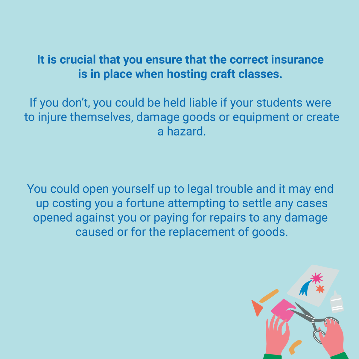 Hosting craft workshops, classes and courses can be a lot of fun for both teacher and student!  

However it is important to have the right level of cover in place when teaching crafts 🎨

Find out more: craftcover.com/craft-workshop…