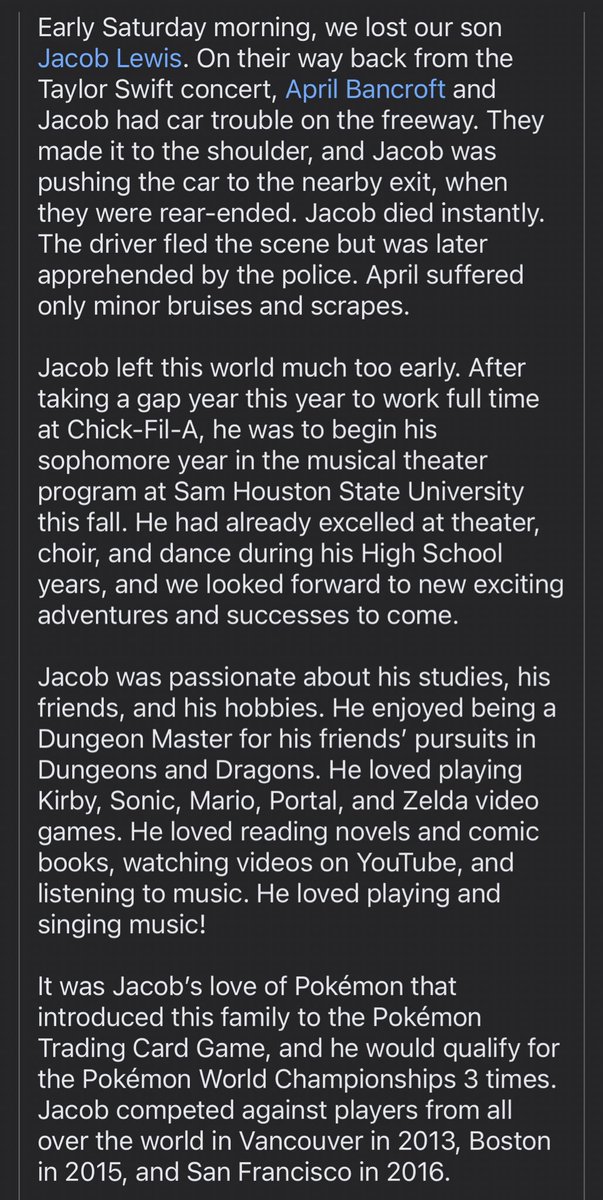 💔 |  Jacob Lewis, a fan who attended the Eras Tour in Houston, was hit by a drunk driver on his way home and sadly passed away. 

Consider donating to his GoFundMe: gofund.me/7c7fcfa3

#HoustonTSTheErasTour