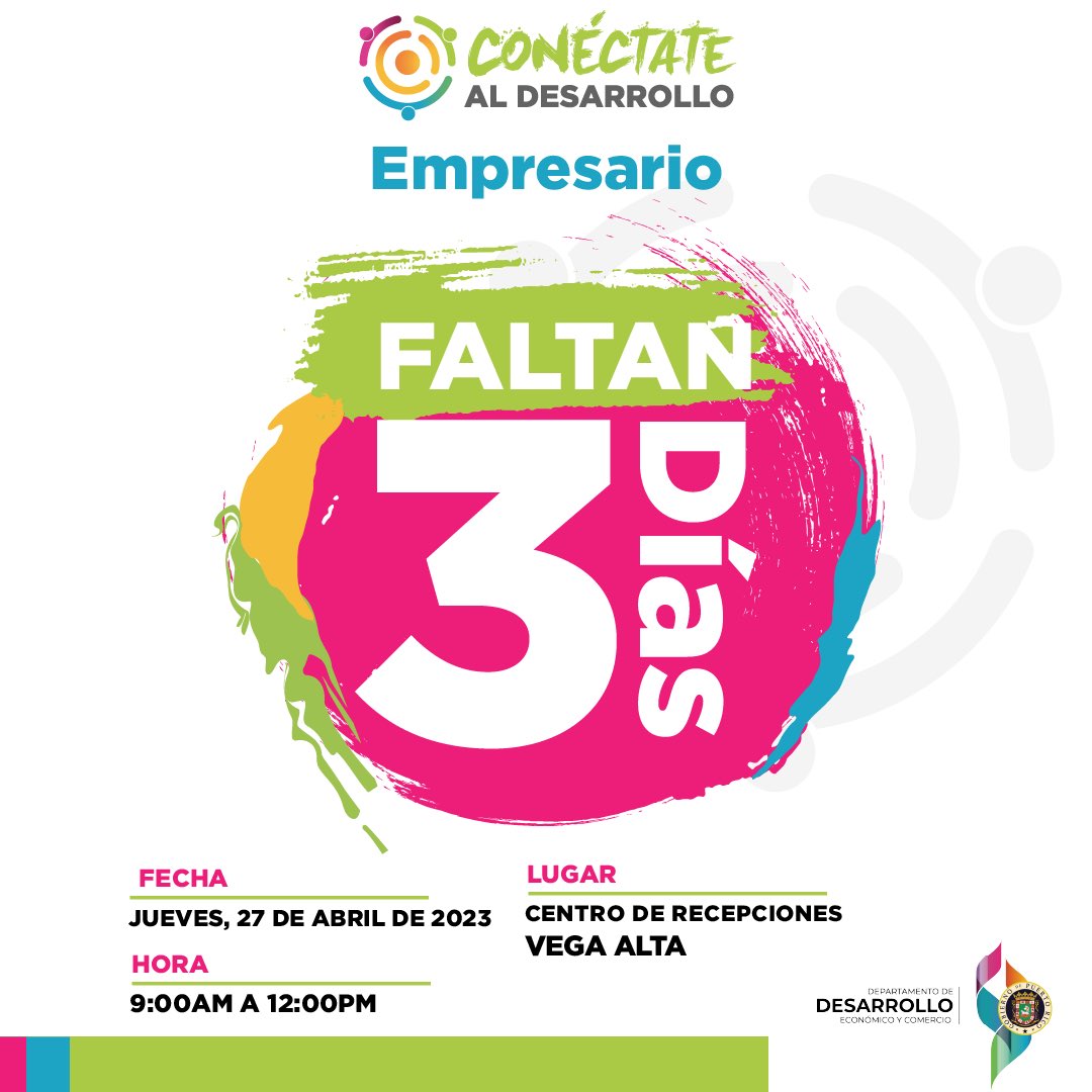 ¿Ya separaste la fecha? 🗓️

Faltan 3 días para Conéctate al Desarrollo. 

En este evento tendrás la oportunidad de conocer todas las oportunidades y ayudas disponibles que te permitirán llevar tu negocio al próximo nivel. 

¡Te esperamos!

#DesarrolloParaTodos #PRopósito