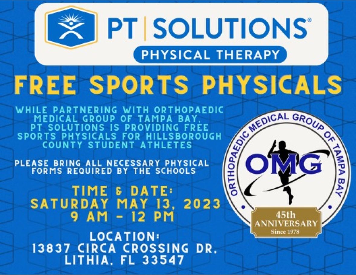 ⚽⚾🏈🎾 Don't miss out on a free sports physical coming up on Saturday, May 13th!! 🏀🥍🏑🏐

OMG will be partnering with PT Solutions Physical Therapy to help get Hillsborough County student athletes ready for the upcoming seasons!