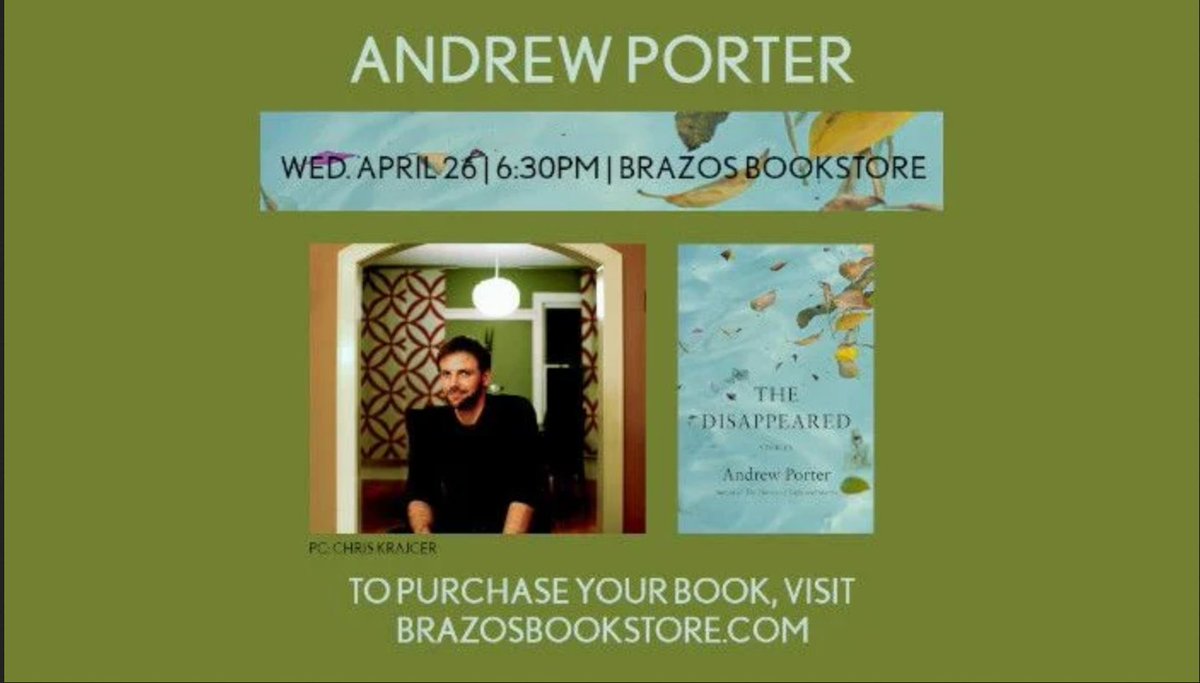 Andrew Porter (@andrewporter01) on Twitter photo Hey HOUSTON writers, readers & friends, I'll be reading TONIGHT at <a href="/BrazosBookstore/">Brazos Bookstore</a> (6:30 PM)! If you're in the area, I'd love to see you! Hey HOUSTON writers, readers & friends, I'll be reading TONIGHT at <a href="/BrazosBookstore/">Brazos Bookstore</a> (6:30 PM)! If you're in the area, I'd love to see you!
