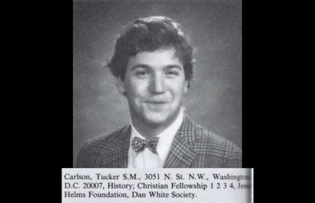 Fun fact re: <a href="/TuckerCarlson/">Tucker Carlson</a>: In his college yearbook, he gave shoutouts to Dan White, the assassin of #LGBTQ+ supervisor Harvey Milk and SF mayor George Moscone, and Sen. Jesse Helms, the bigot who tried to filibuster MLK Day and wanted to put HIV+ folks in camps. Charming guy.
