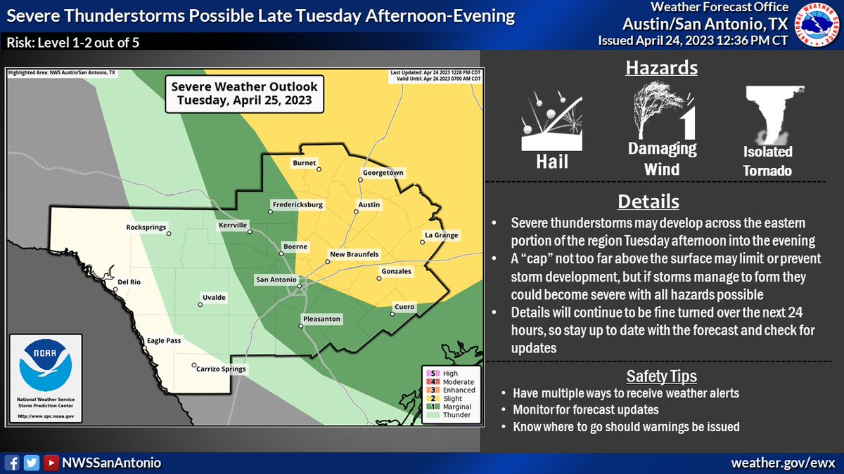 NWSSanAntonio's tweet photo. The active weather pattern as of late is set to return tomorrow and Wednesday with the threat of severe weather both days. https://t.co/lg43In13JK