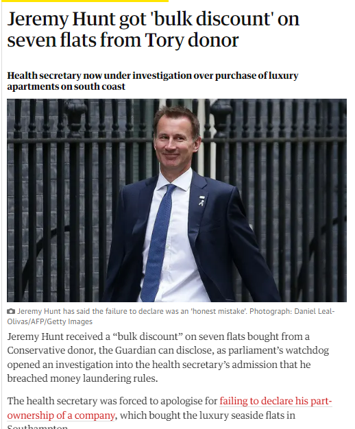 JEREMY HUNT

🔴REMEMBER how Jeremy Hunt FAILED to declare his part-time ownership of seven flats?

He forgot.