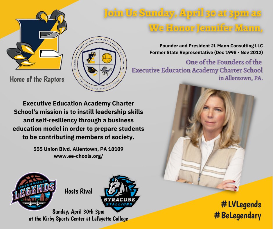 LVLegendsBBall's tweet photo. Join Us on Sunday, April 30, as we honor our Legend of the Night, Jennifer Mann and recognize her efforts with the Executive Education Academy Charter School in Allentown, PA. Doors open at 2pm. Tip-off is 3pm. https://t.co/vF0MBsfXiC