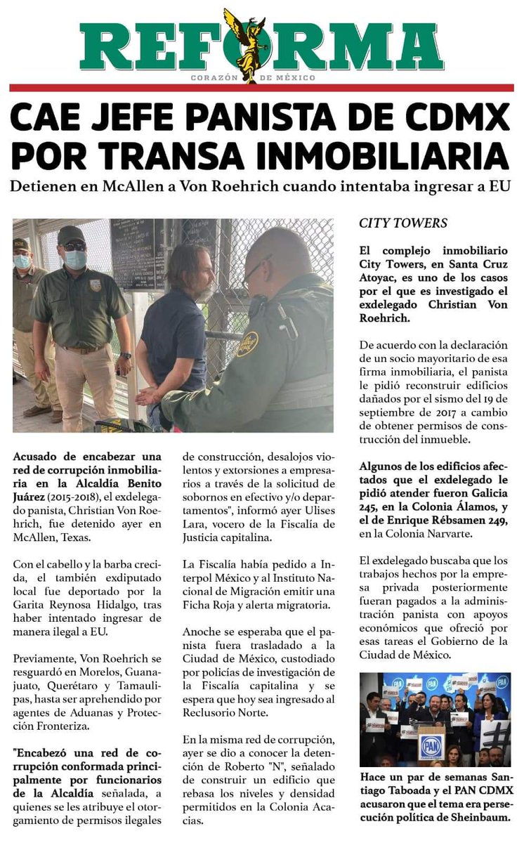 SoplonCdmx's tweet photo. Detienen en McAllen a Christian Von Roehrich, ex delegado de la Benito Juárez, al intentar ingresar a EU ilegalmente.🚨✋🏼🚔🛑
El panista es prófugo de la justicia por encabezar una red de corrupción inmobiliaria.🏢💸🫰🏻🤑💰👨🏽‍⚖️#Corrupción
#CartelInmobiliario
#alcaldiabenitojuarez https://t.co/1cxB07PvLp