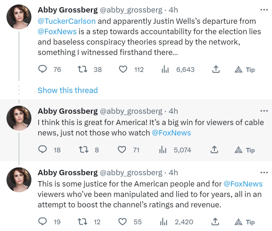 Henrik_Palmgren's tweet photo. We now have some more clarity regarding why Tucker Carlson was fired. A jewish woman, Abby Grossberg, who herself was subpoenaed by Smartmatic over "election fraud claims" turned the tables on Tucker Carlson, his Executive producer Justin Wells (and at least some others in Tucker's team) and sued THEM over "anti-semitsm" and "sexism."

From "bad election denier nazi" to "victim superstar" over night.

You can't make it up.