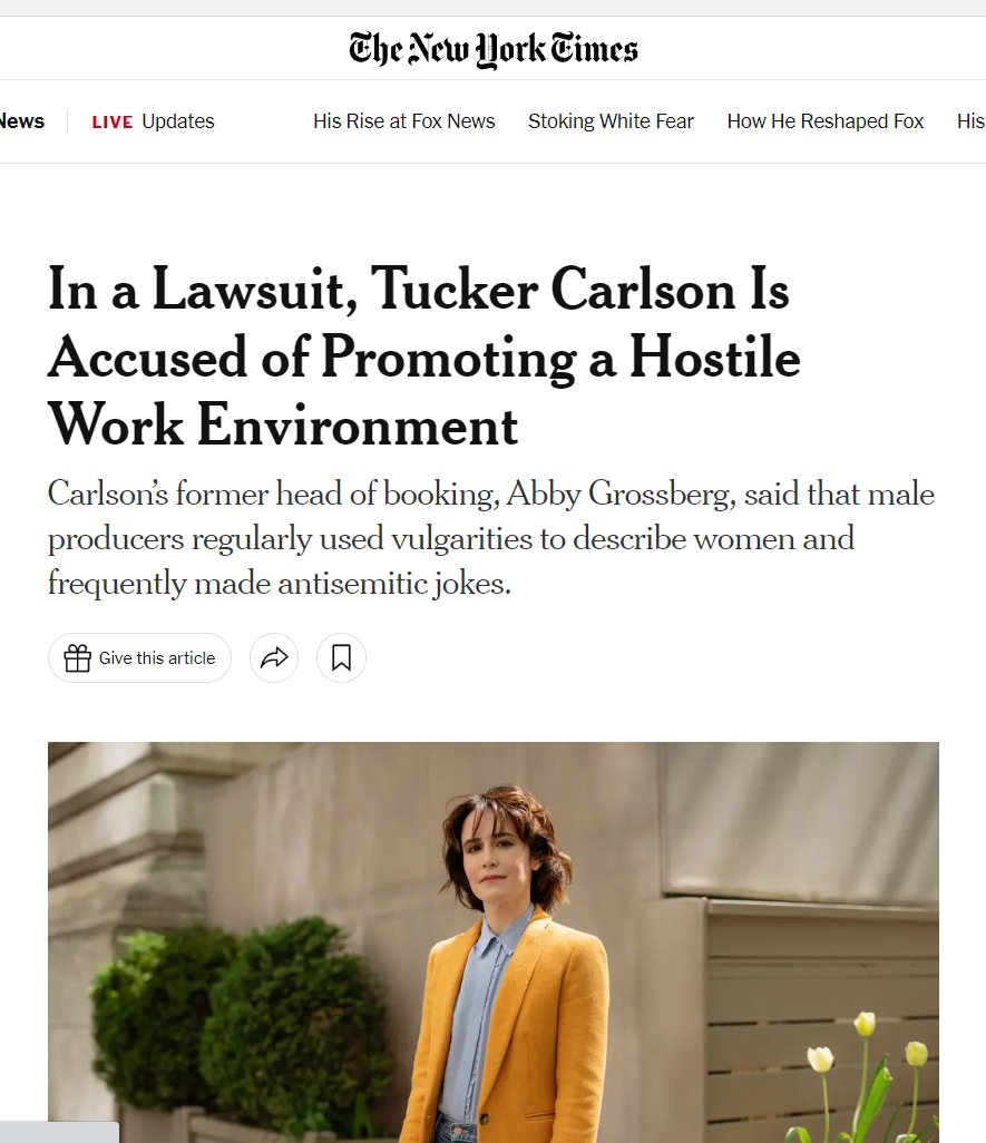 Henrik_Palmgren's tweet photo. We now have some more clarity regarding why Tucker Carlson was fired. A jewish woman, Abby Grossberg, who herself was subpoenaed by Smartmatic over "election fraud claims" turned the tables on Tucker Carlson, his Executive producer Justin Wells (and at least some others in Tucker's team) and sued THEM over "anti-semitsm" and "sexism."

From "bad election denier nazi" to "victim superstar" over night.

You can't make it up.