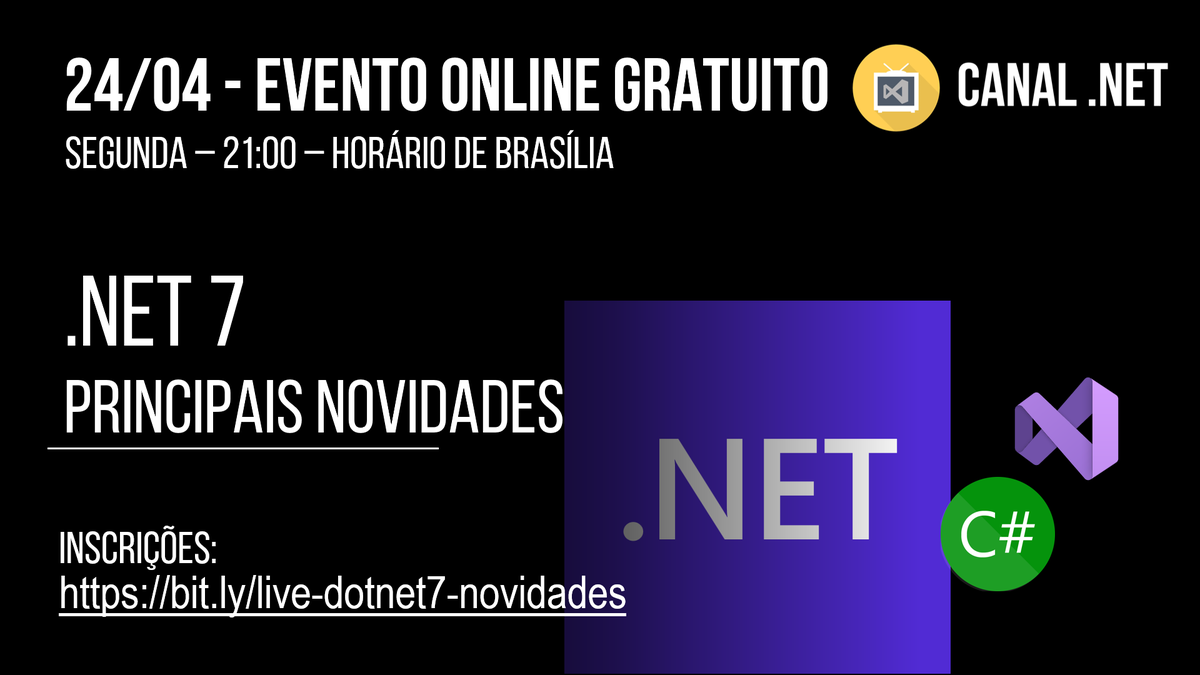 RenatoGroff's tweet photo. Daqui a pouco - 21h - ONLINE e GRATUITO no Canal .NET -> .NET 7: conhecendo as principais novidades -- Link: https://t.co/BGhyaXCLDh
C/ @tbertuzzi @luizcarlosfaria @andre_secco @joelrlneto
#dotnet7 #dotnet #dotnetcore #csharp #csharp11 #aspnetcore #backend #webdevelopment https://t.co/I8ZgA730kb