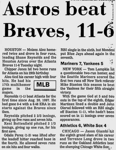 AstrosDaily's tweet photo. 4/24/2001: Moises Alou bangs two home runs among his four hits as Houston pounds the Braves, 11-6. Tony Eusebio adds a homer and three RBIs. https://t.co/IXHxvFgrzW #Astros https://t.co/VyVdbC0hBk