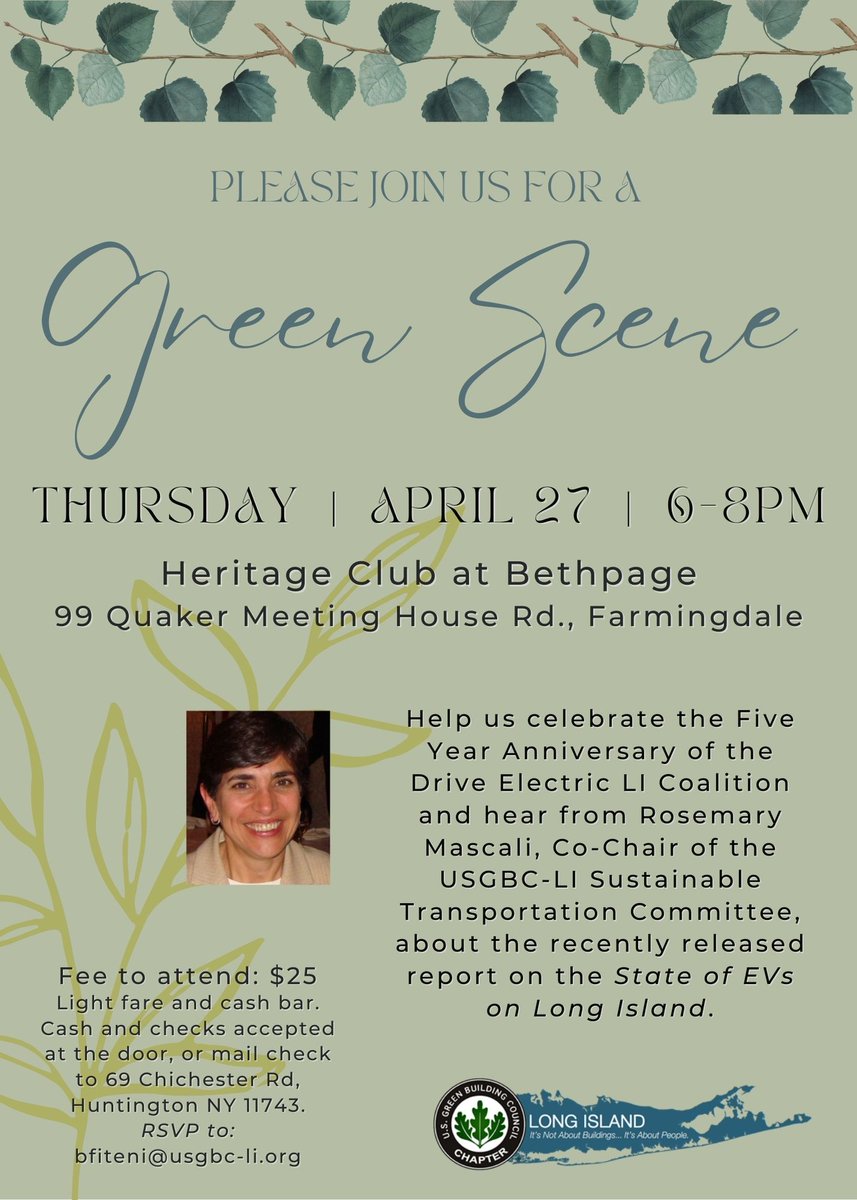Please join us this Thursday 4/27 at the USGBC-LI Green Scene to celebrate 5 years of Drive Electric LI and to learn more about the State of EVs on Long Island! #USGBC #driveelectric #LongIsland