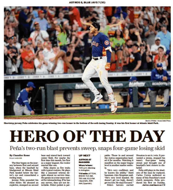 AstrosDaily's tweet photo. 4/24/2022: Rookie shortstop Jeremy Peña snaps Houston's four-game losing streak when he blasts a two-run homer in the tenth to shock Toronto, 8-7. It's his third homer of the season, tying for the club lead. The Astros' record sits at 7-8. https://t.co/IXHxvFgZpu https://t.co/uFRI1gNK8X