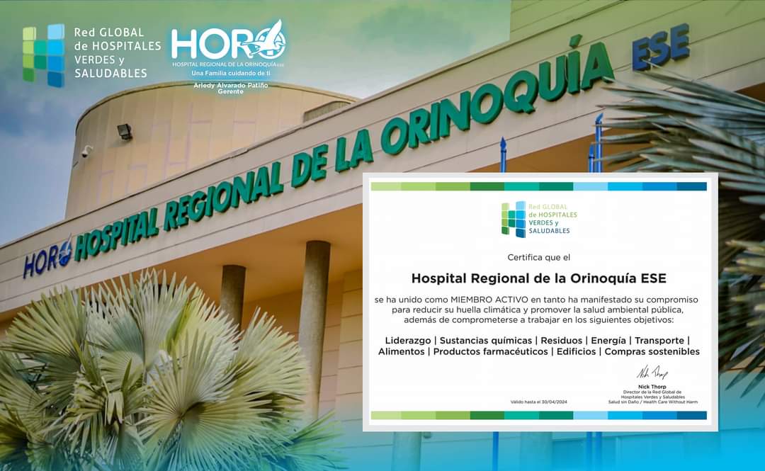 #EnElHoroSomosVerde
Hoy recibimos en el <a href="/HoroEse/">HOSPITAL REGIONAL DE LA ORINOQUÍA E.S.E</a>   una gran noticia de la “Red Global de Hospitales Verdes y Saludables”, como miembro activo de esta comunidad internacional dedicados a reducir la huella climática y promover la salud ambiental pública.