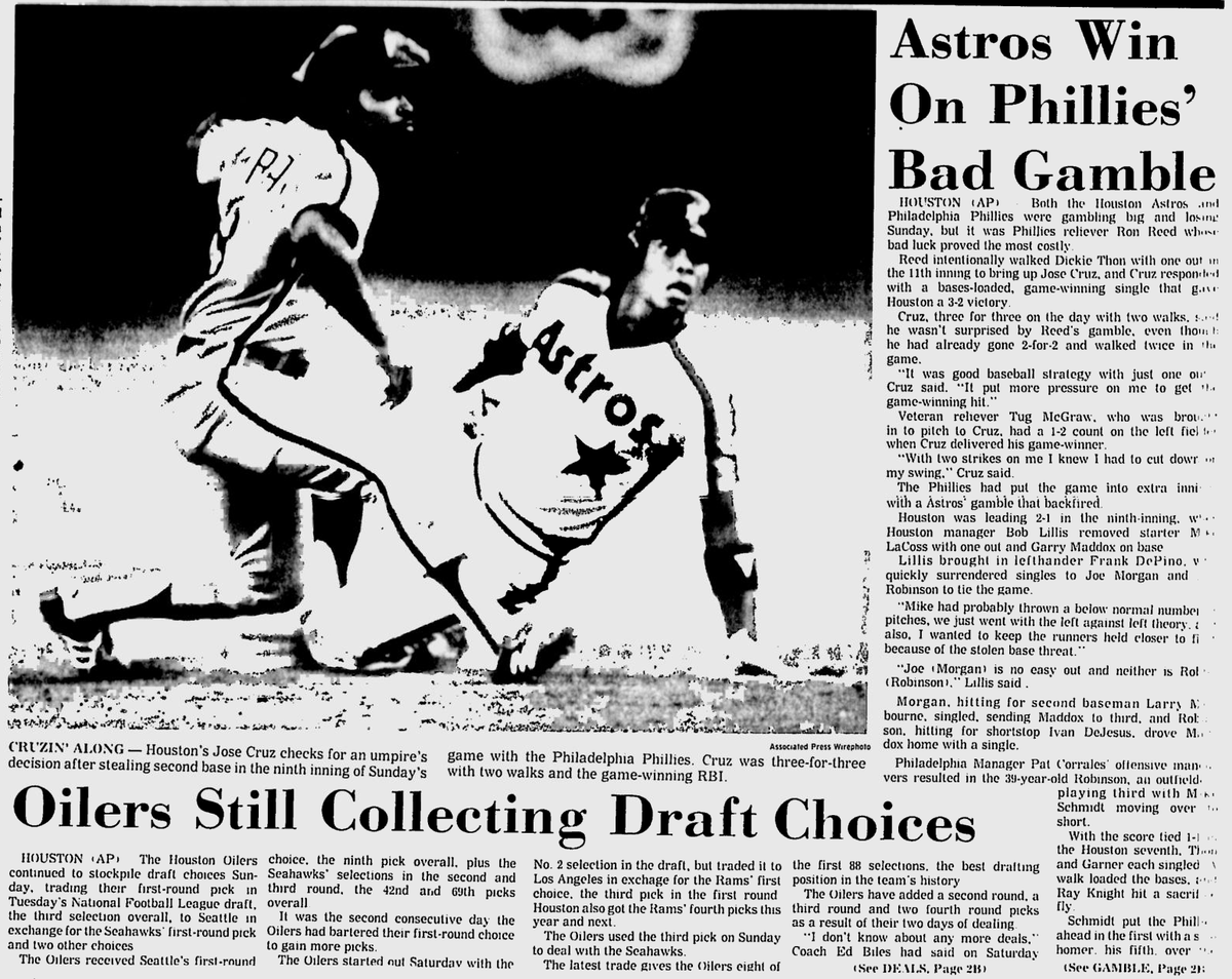 AstrosDaily's tweet photo. 4/24/1983: The #Astros' Mike LaCoss battles Steve Carlton to a 2-2 draw before José Cruz caps a three-hit night with the game-winner in the eleventh. Omar Moreno scores for the 3-2 win over Philadelphia. https://t.co/IXHxvFgrzW https://t.co/Z5kxr69BLS